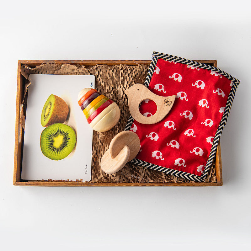 Wooden Toys For Kids | Joyful Journey Box | Pack Of 5 | Pear Wobbler, Bird Teether, Interlocking Disc, Herb Bag & Fruit Flash Card