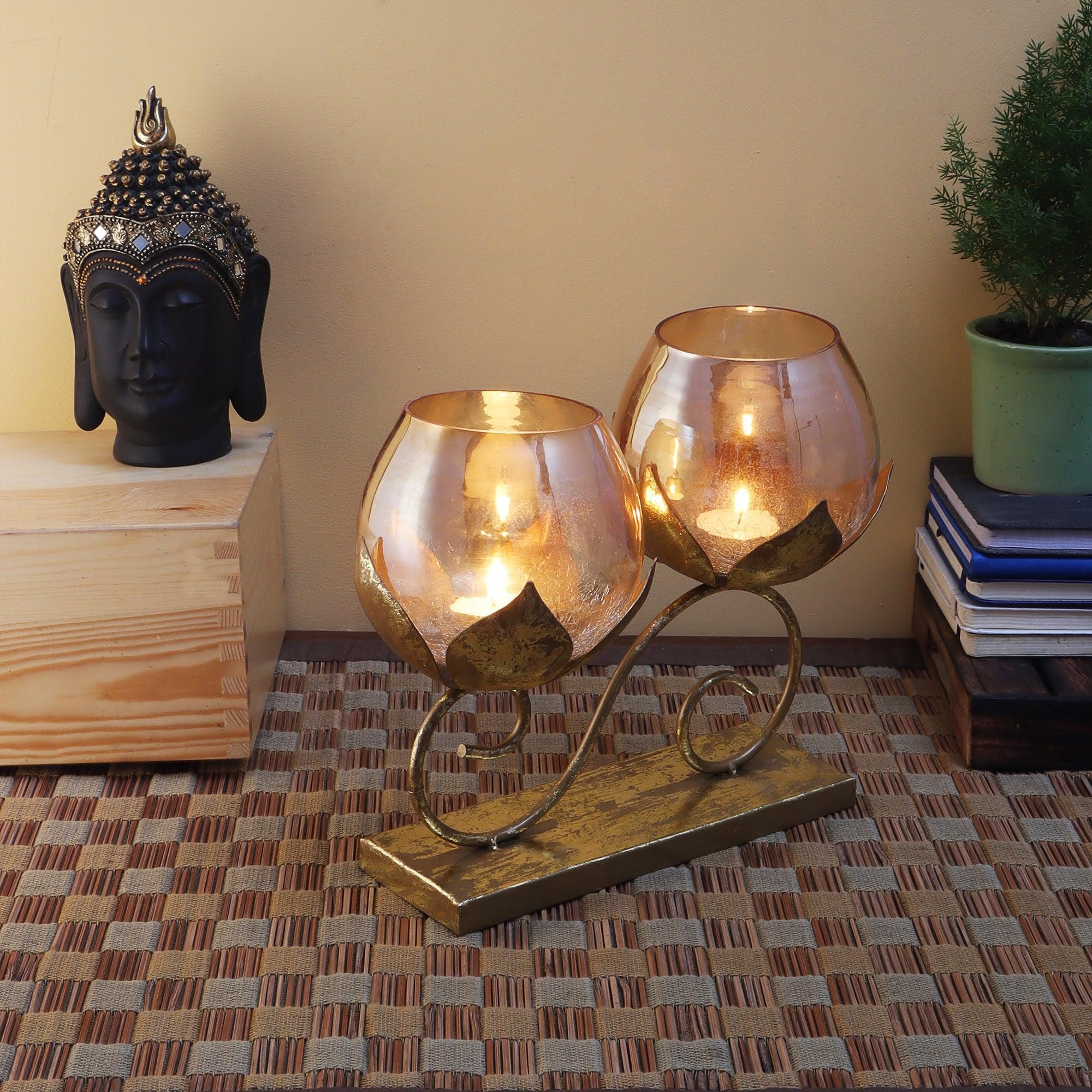 Double Lotus Glass Tealight Holder - Amaya Decors