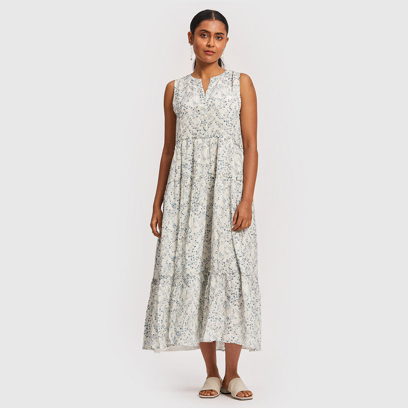 Bemberg Crepe Maxi Dress | Floral Print | White & Blue