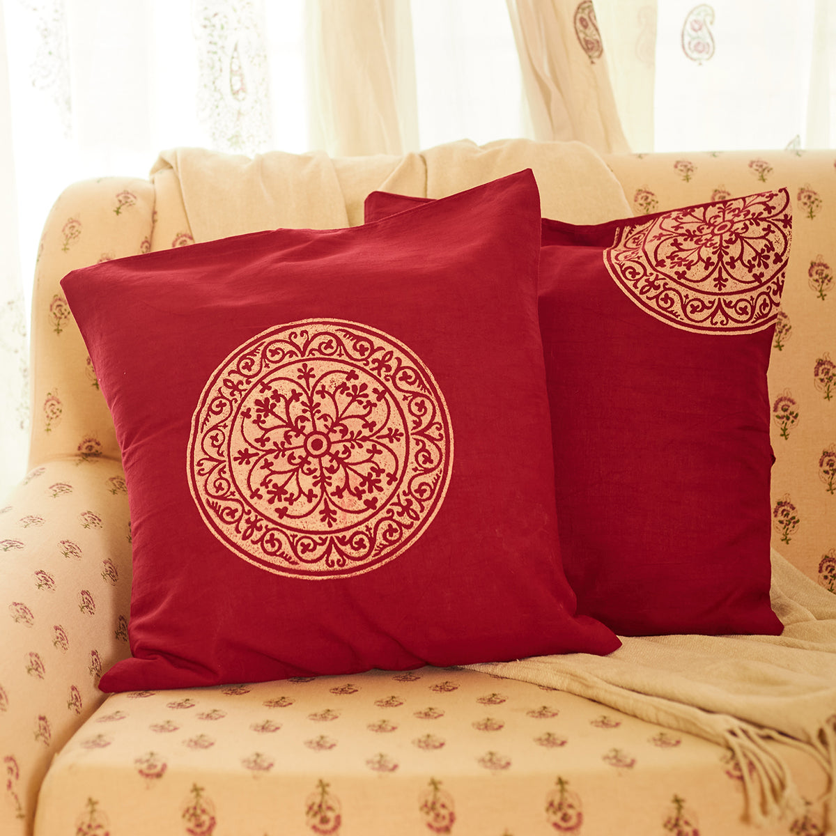 Cotton Cushion Covers | Set of 2 | Rangoli Block Printed | Maroon