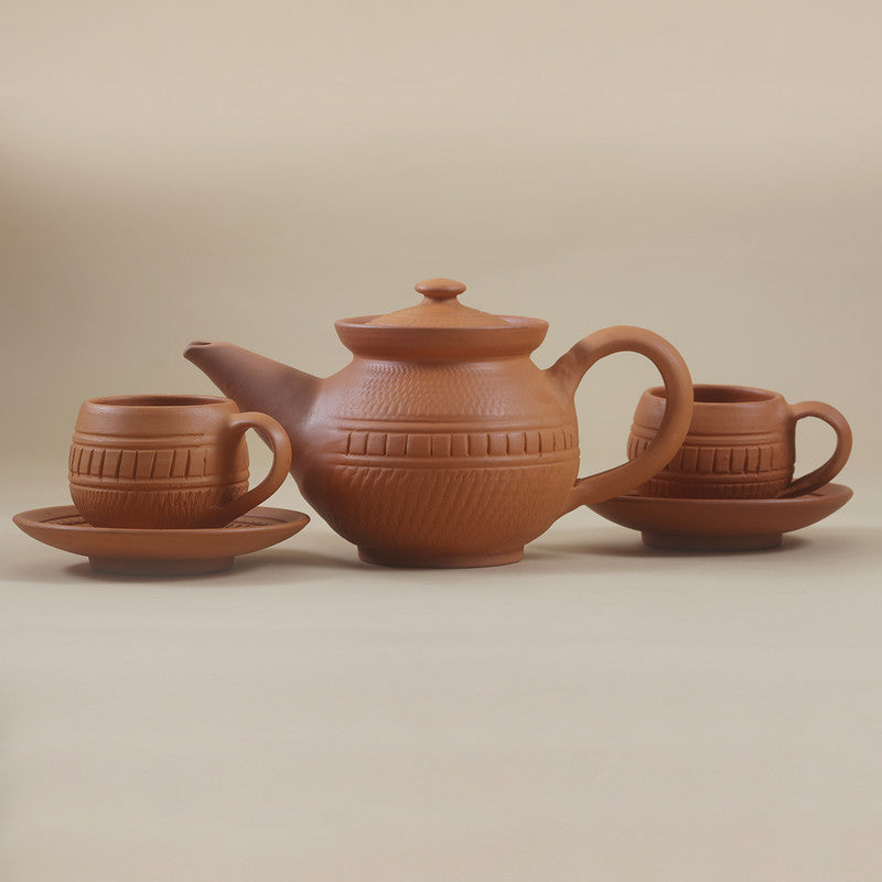 Terracotta Tea Pot with 4 Cup and Plate Set | Engraved | Red