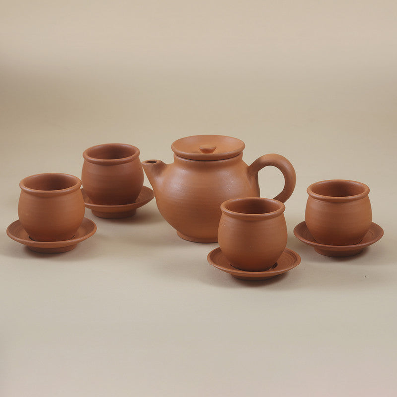 Terracotta Tea Pot with 4 Cup and Plate Set | Red