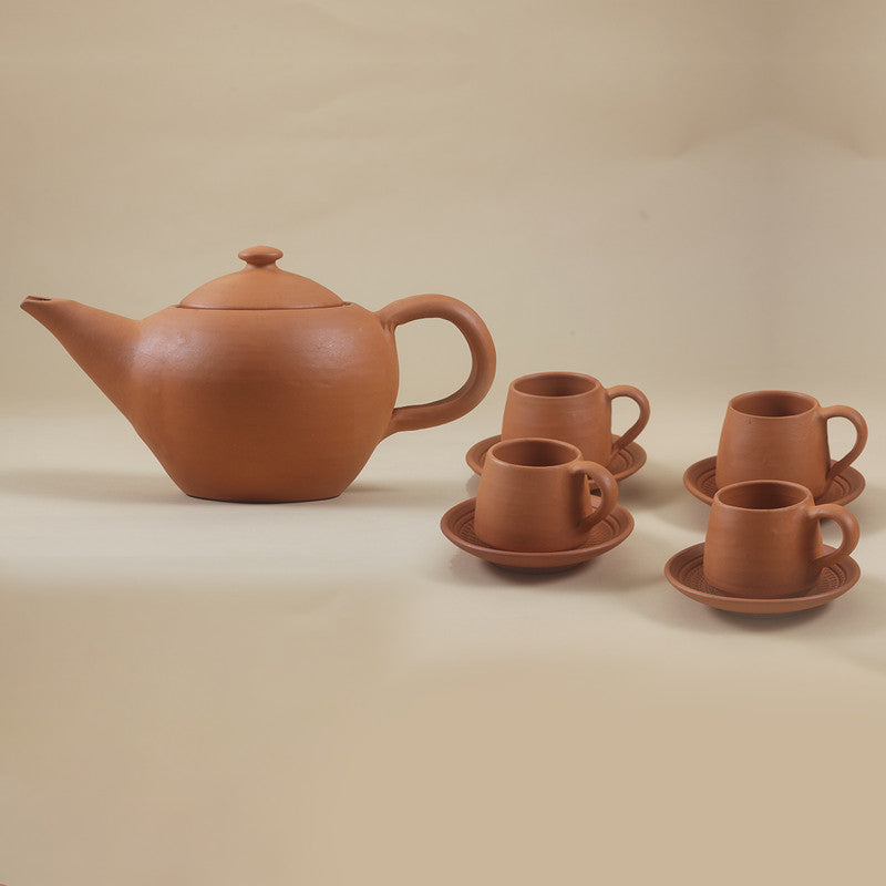 Terracotta Tea Pot with 4 Cup and Plate Set | 500 ml | Red