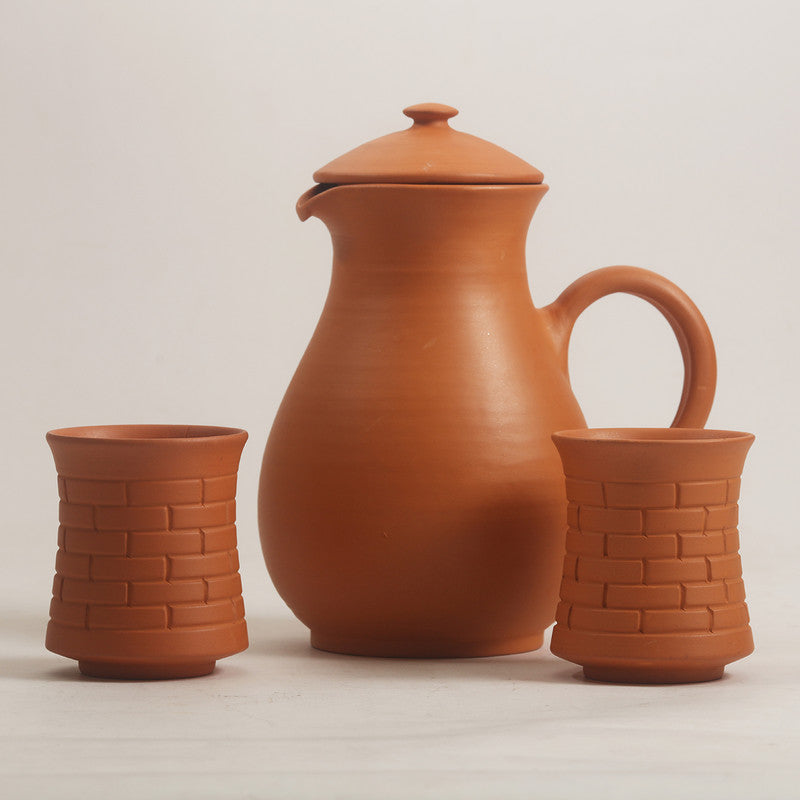 Terracotta Water Jug Glass Set With Lid | 1 Litre | Set of 3