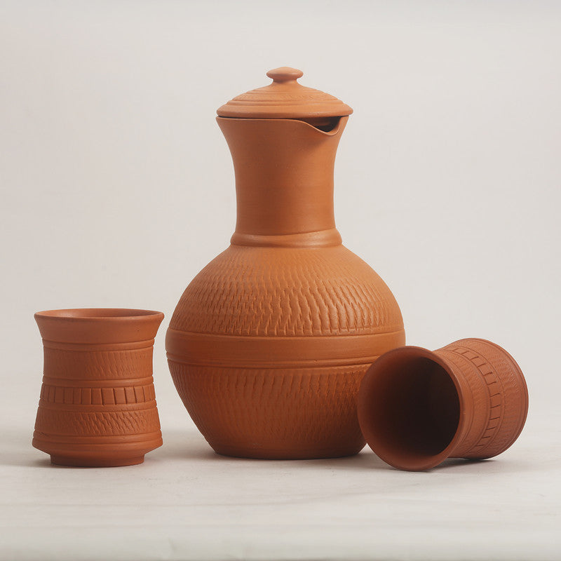 Terracotta Water Jug Glass Set With Lid | Engraved | 1 Litre | Set of 3