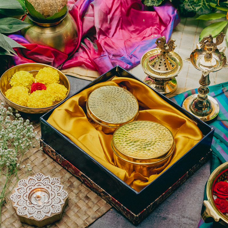 Brass Hammered Storage Box | Gift Hamper | Cashew and Badam