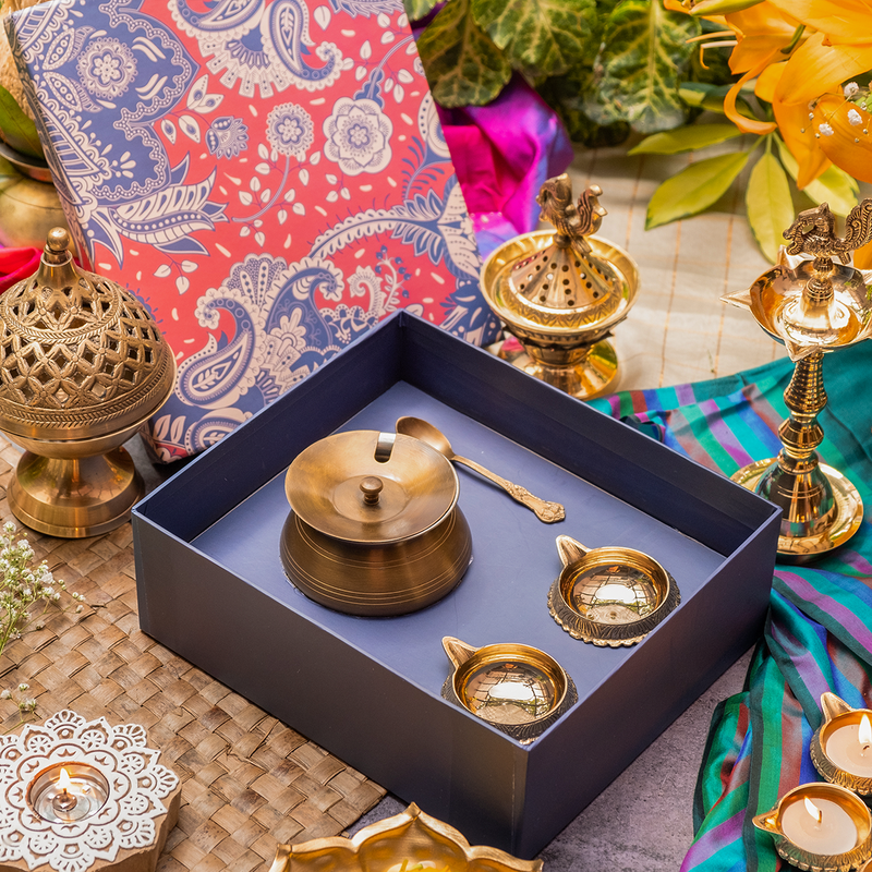 Brass Ghee Pot with Diyas | Gift Hamper | Set of 2