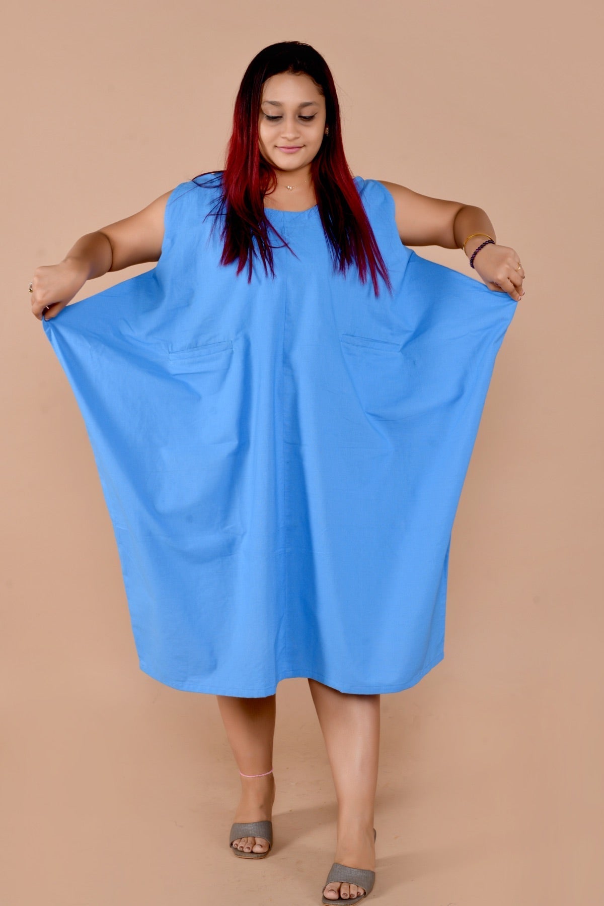 Ahana Sleevless Oversized Handloom Cotton Dress Blue