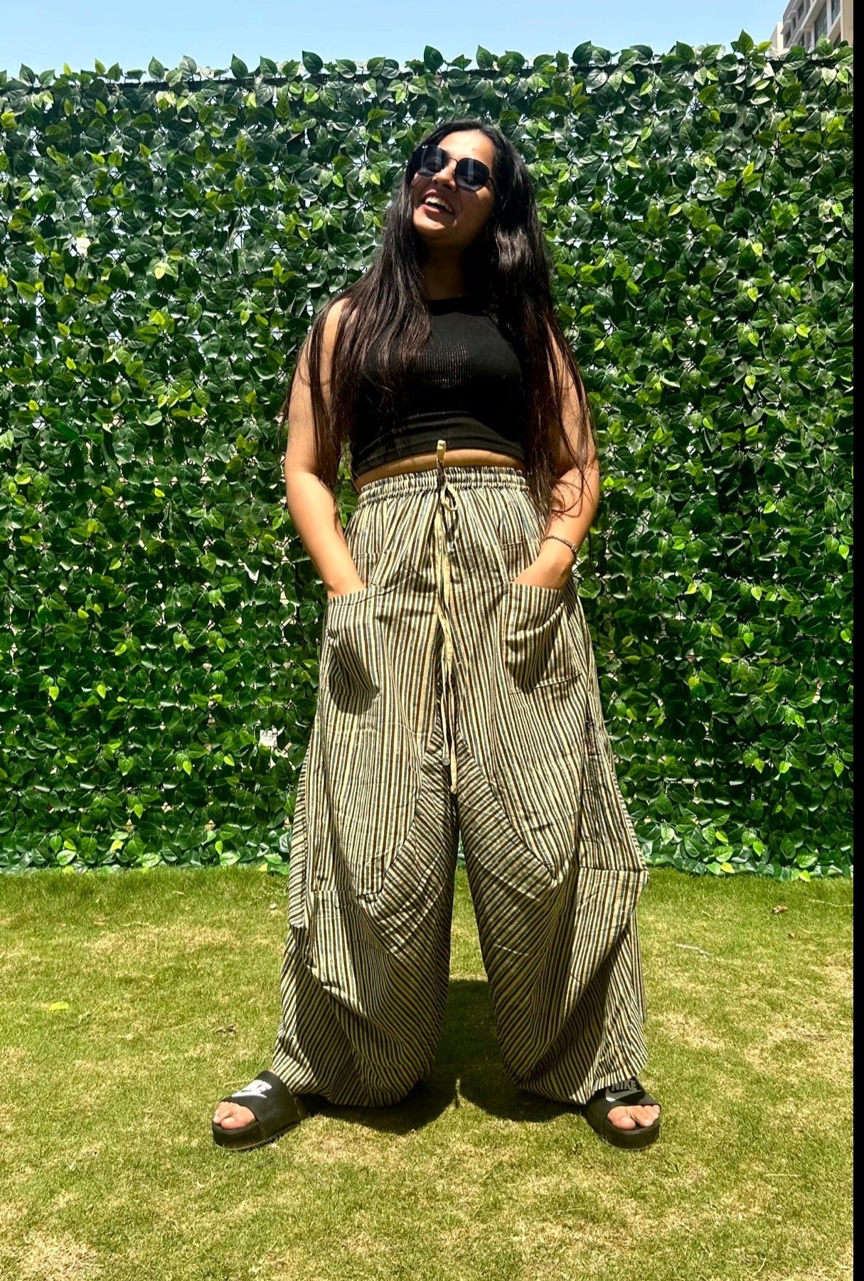 Amani Cowl Handloom Cotton Pants With Elastic- Blue Stripe