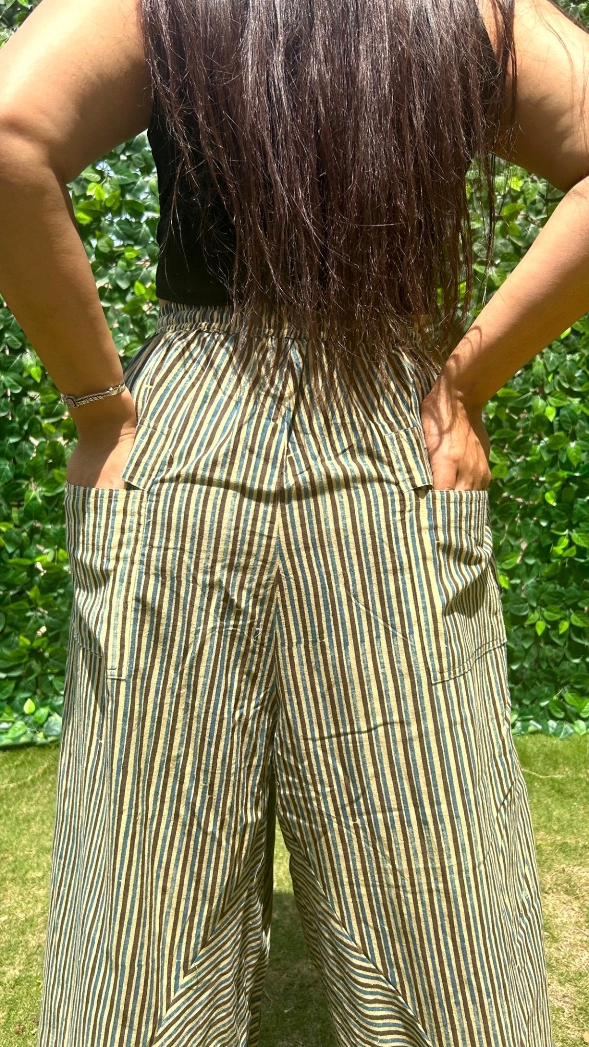 Amani Cowl Handloom Cotton Pants With Elastic- Blue Stripe