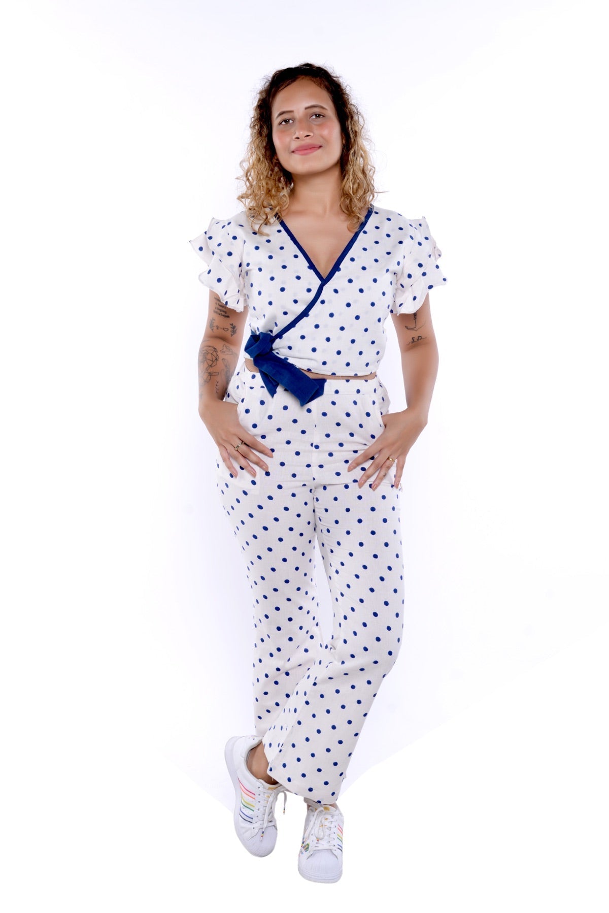 Amara Blue Polka Dot 2 Pc Handloom Cotton Co-Ord Set