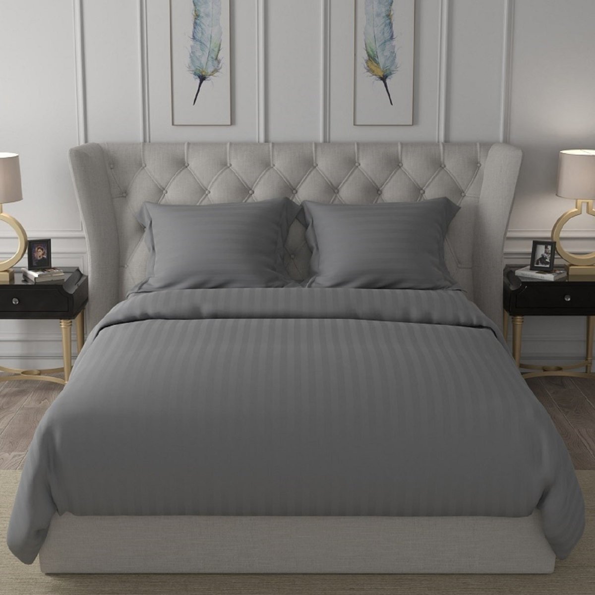 Antimicrobial 100% Cotton Sateen Striped Grey Bedsheet Set