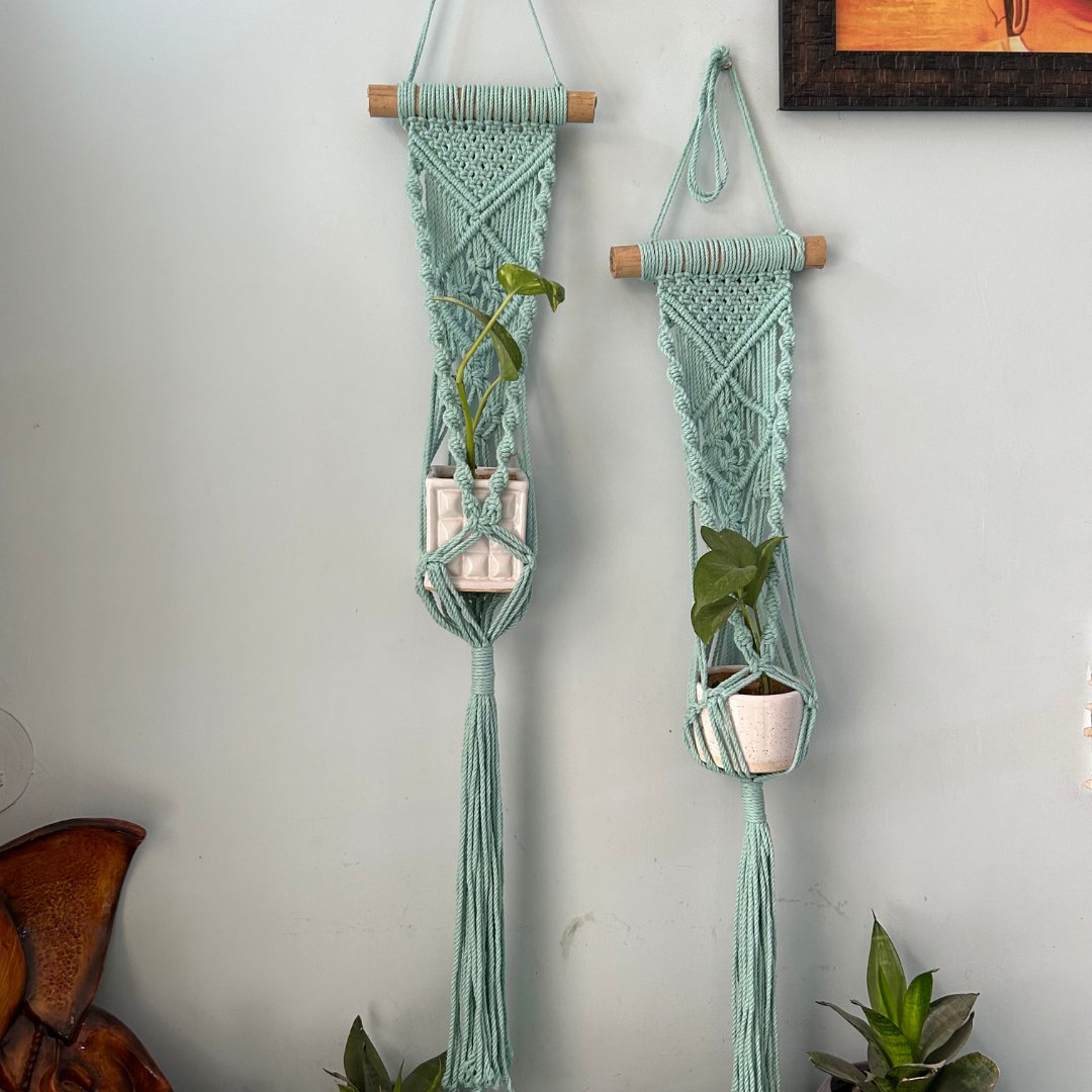 Aqua Blue Macrame Plant Holder - Set of 2