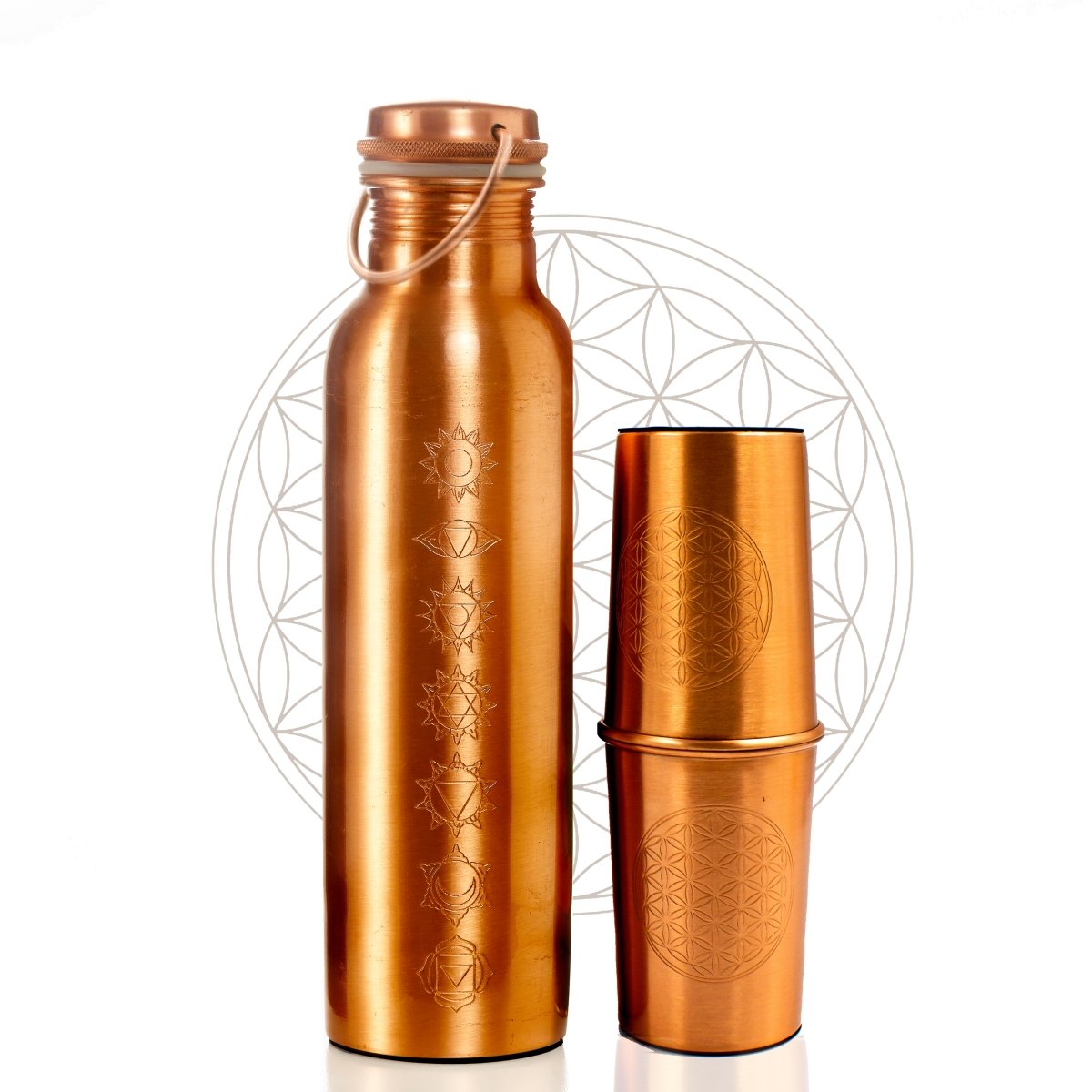 Artisitically Engraved 7 Chakras Ayurvedic Copper Bottle with 2 Glasses Set (Engraved with Flower of Life Symbol)