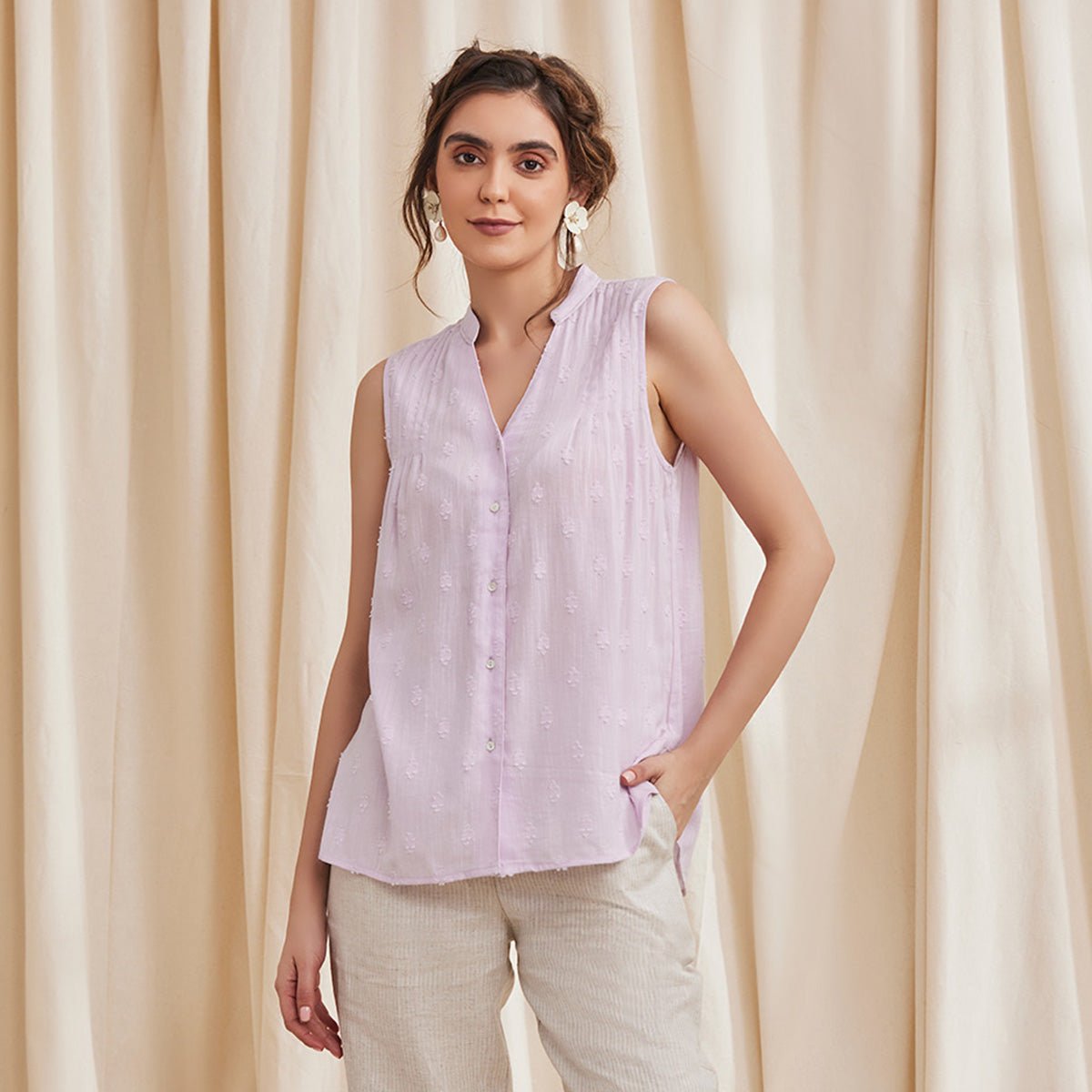 Aster - Sleeveless Organic Cotton Shirt - Lavender