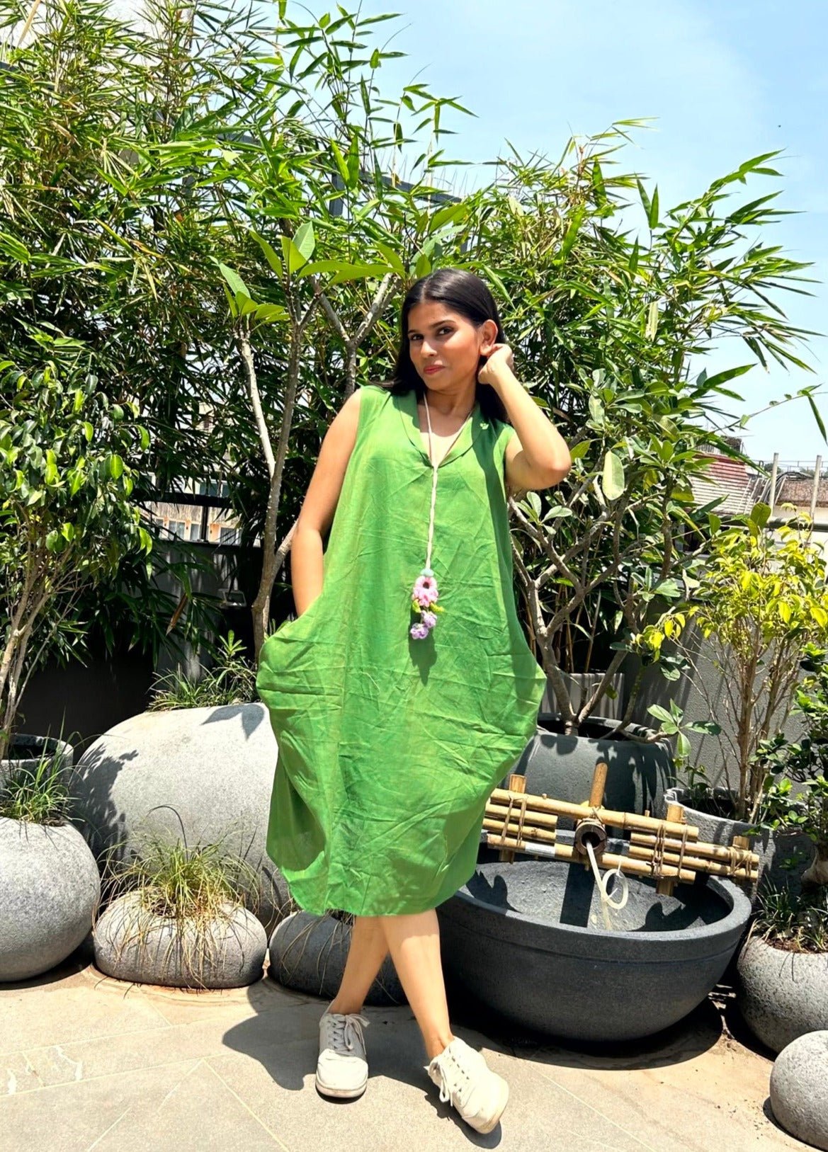 Avni Solid Pocket Handloom Cotton Dress Green