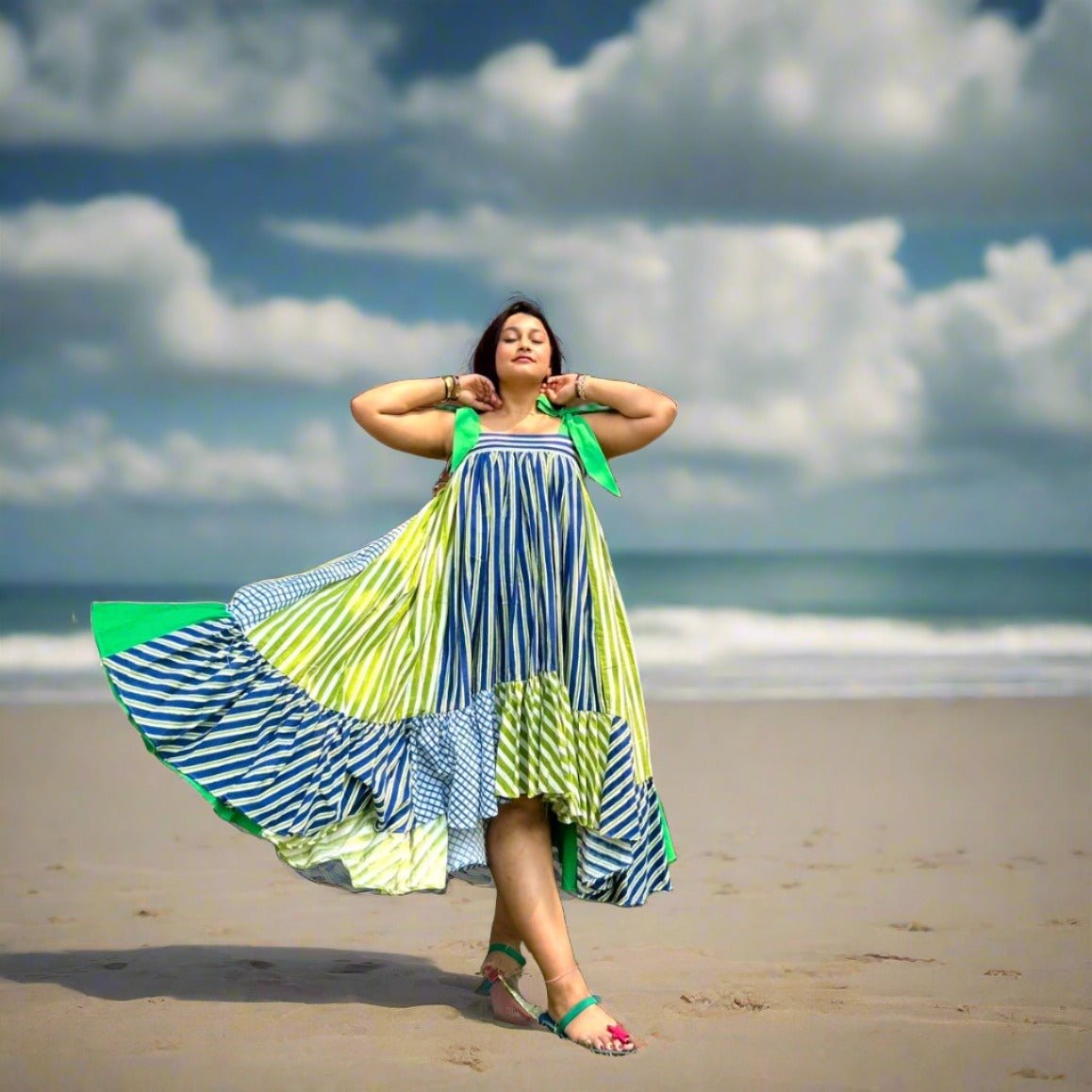 Ayesha Pattern Block Ultra Flare Handloom Cotton Dress- Blue