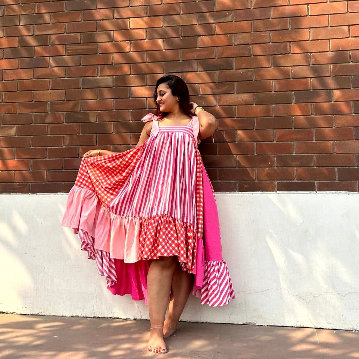 Ayesha Pattern Block Ultra Flare Handloom Cotton Dress- Pink