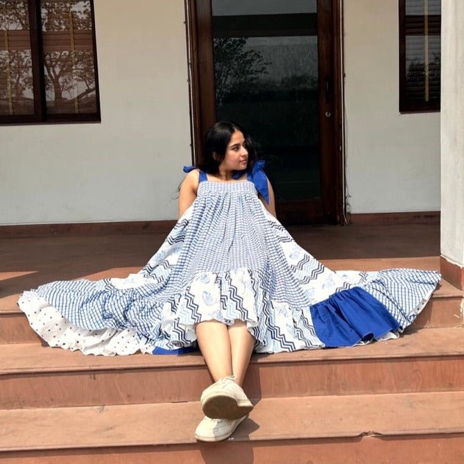 Ayesha Pattern Block Ultra Flare Handloom Cotton Dress- White