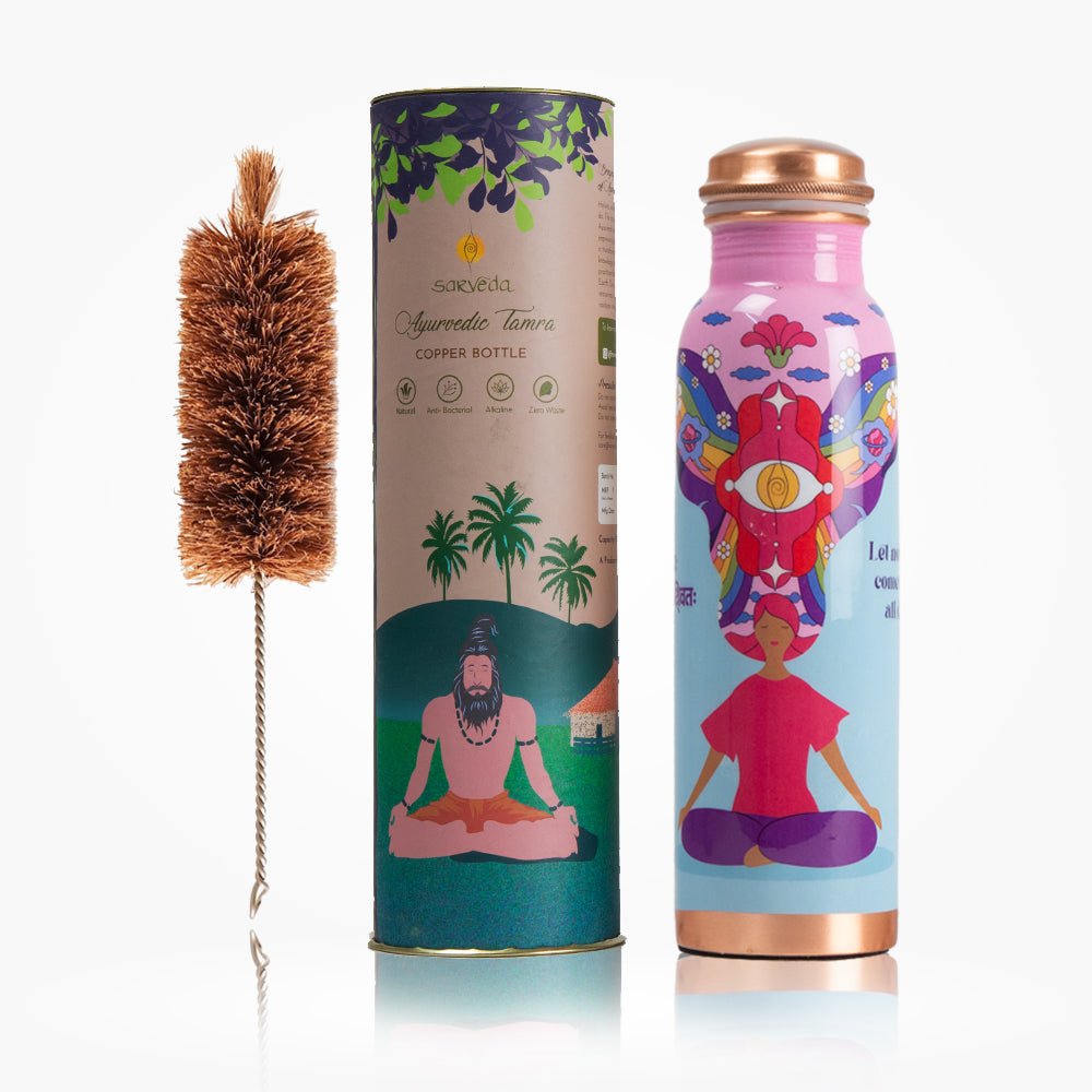 Ayurvedic Copper Bottle with Yogic & Ethnic Indian Artwork - Pink Noble Thoughts