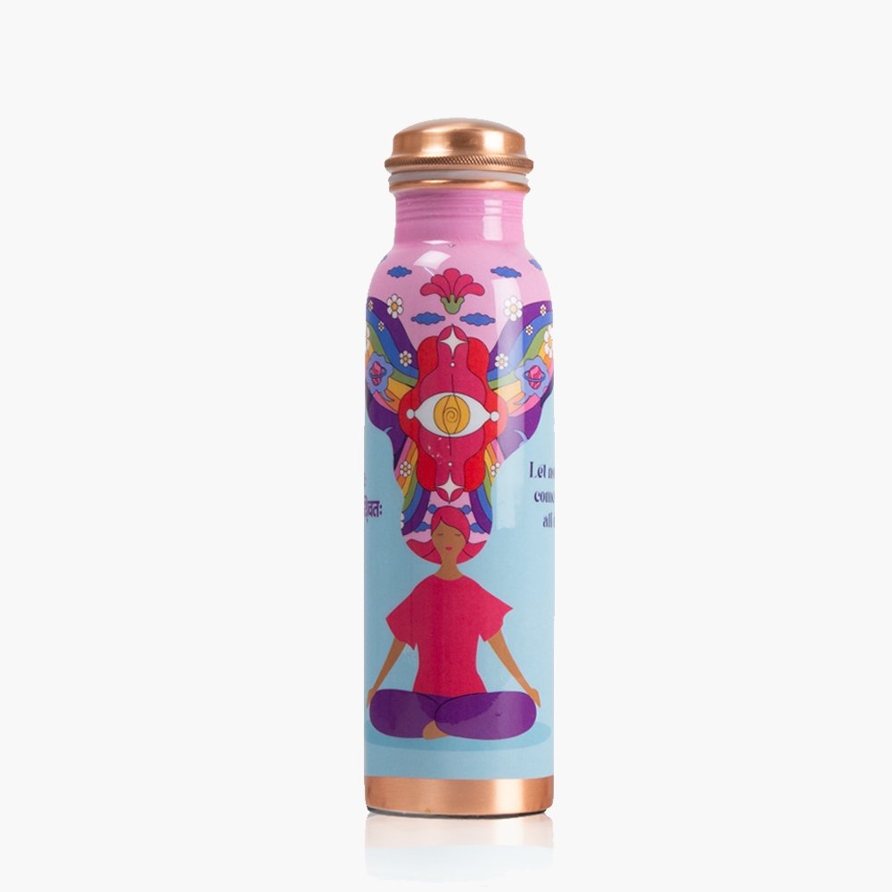 Ayurvedic Copper Bottle with Yogic & Ethnic Indian Artwork - Pink Noble Thoughts