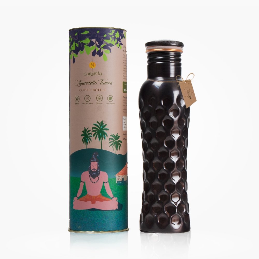 Ayurvedic Curved Vintage Diamond Groove Copper bottle - 1 Litre