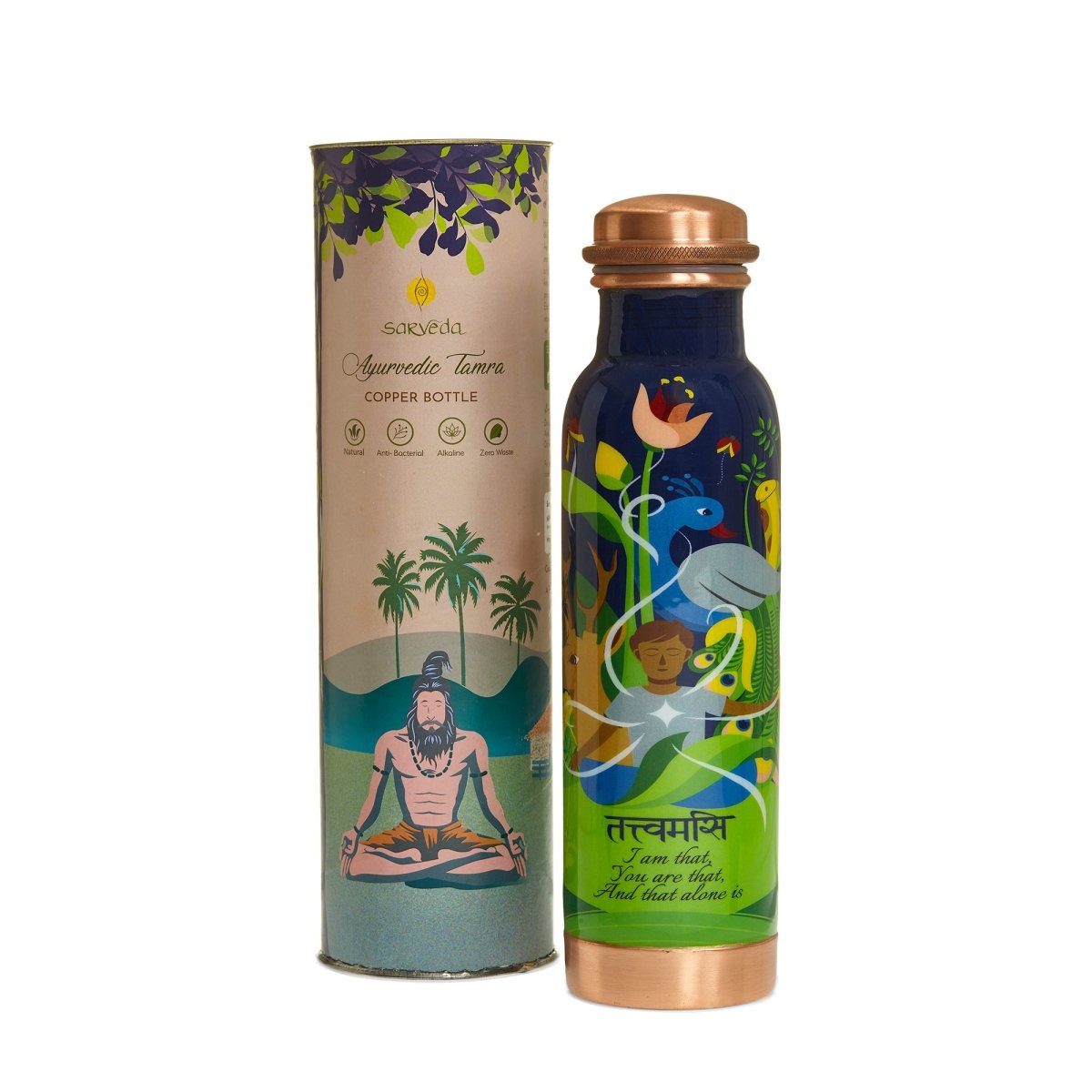 Ayurvedic Pure Copper Bottle Handcrafted with Yogic Artwork - Tattvamasi