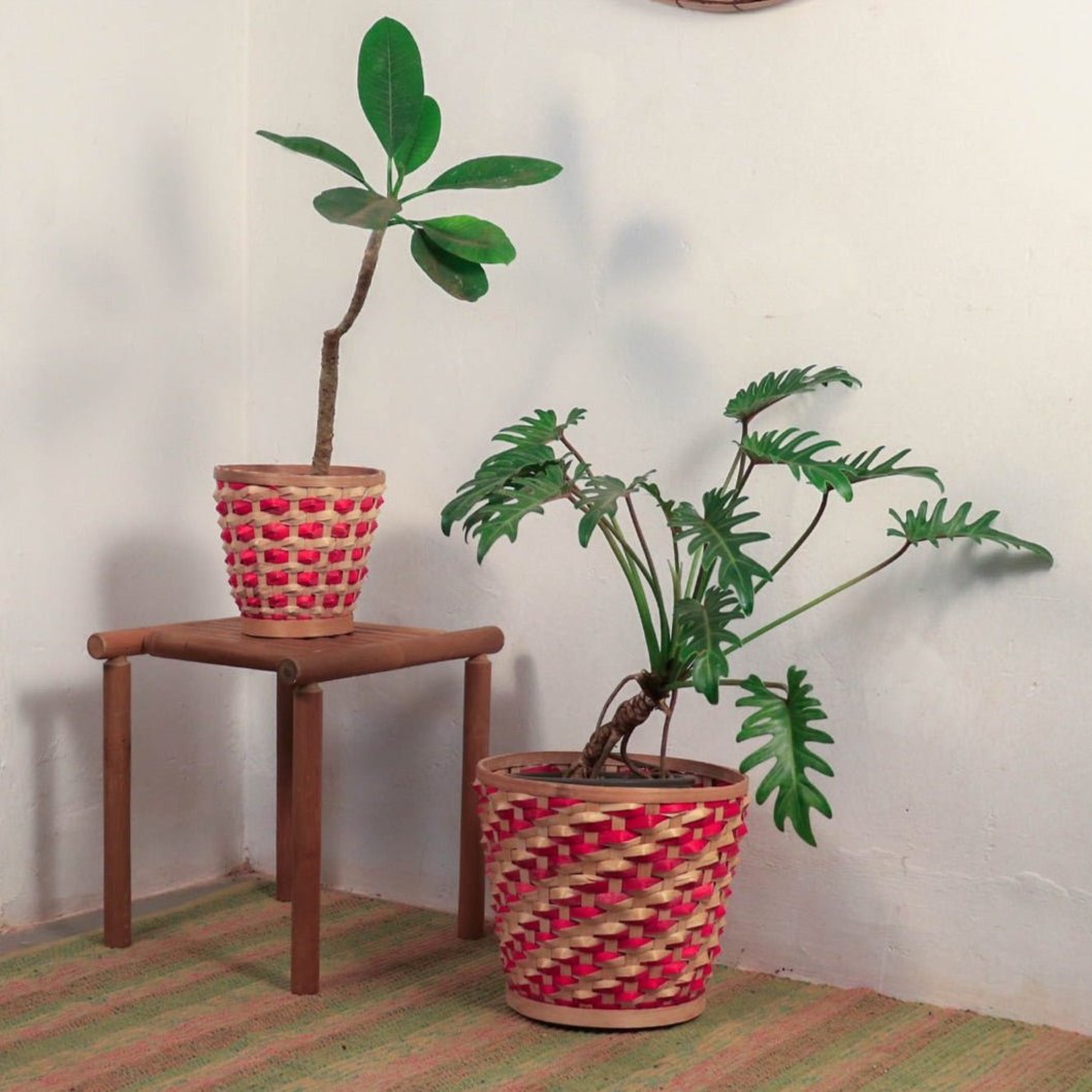 Bamboo Raised Weave Planter - Red - Set of 2