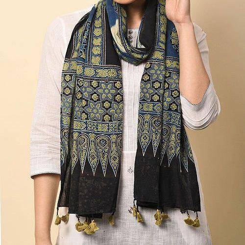 Black-Green Ajrakh Printed Cotton Stole