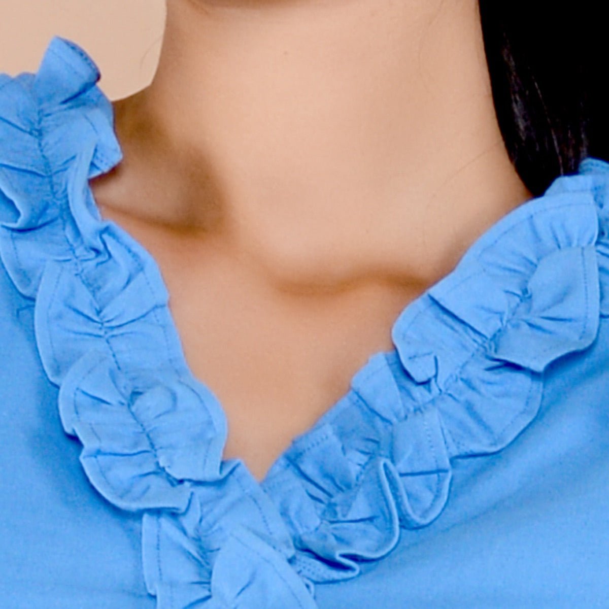 Blue Full Length Handloom Cotton Dress With Frill Detail