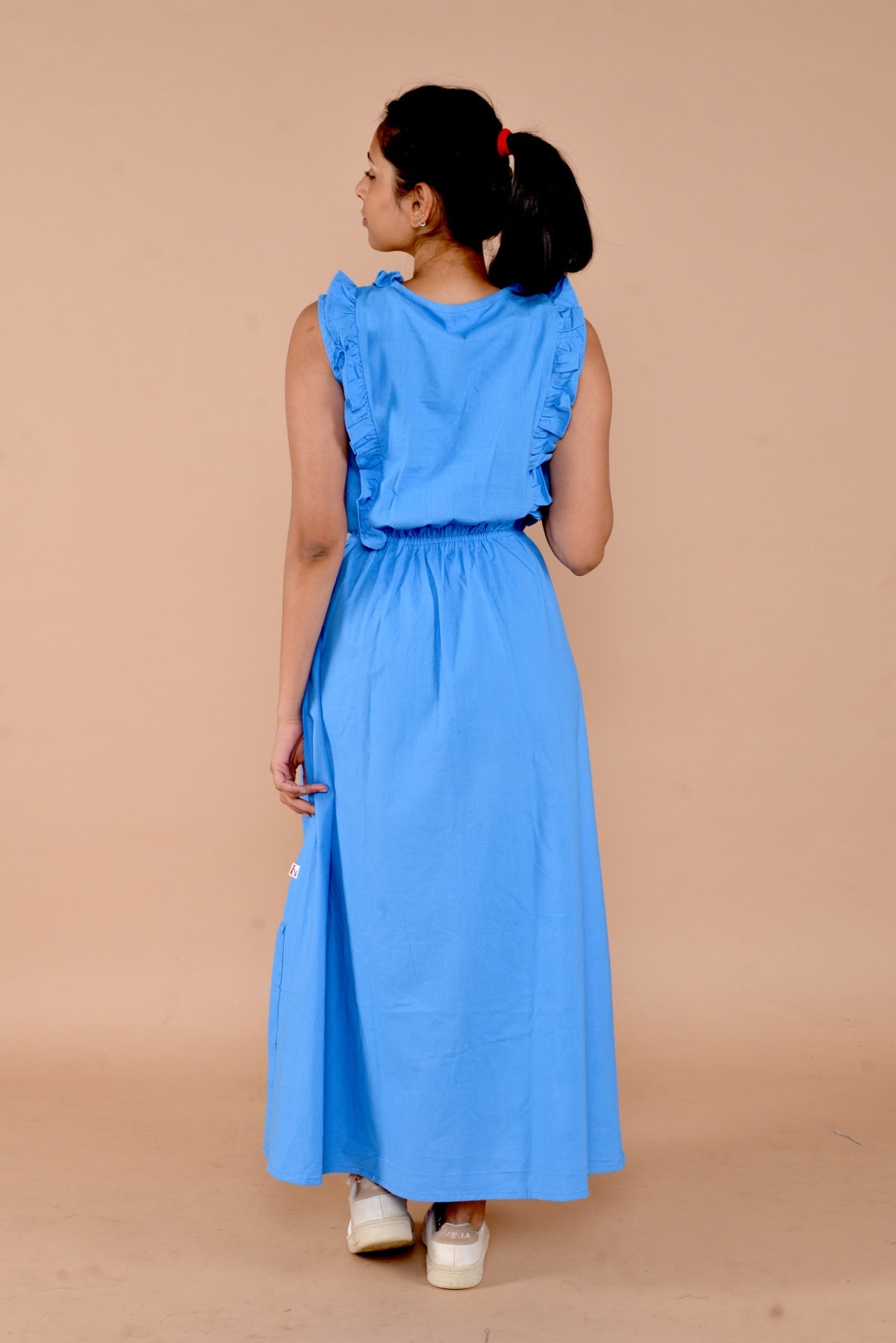 Blue Full Length Handloom Cotton Dress With Frill Detail