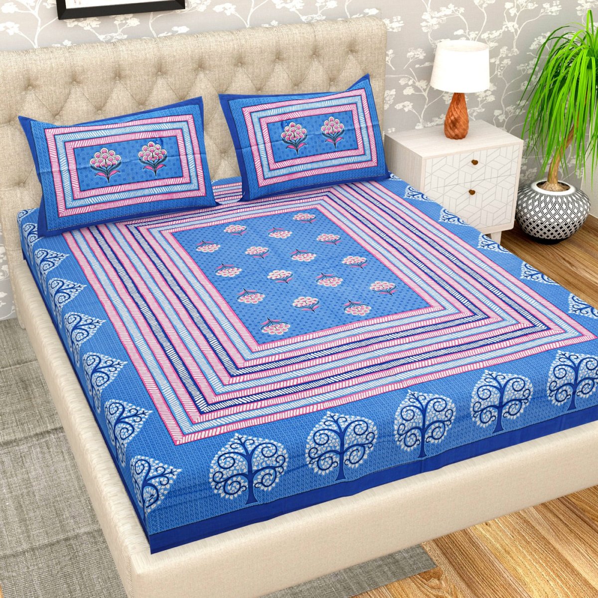 Jaipuri Print Pure Cotton Queen Size Bedsheet with 2 Pillow Covers