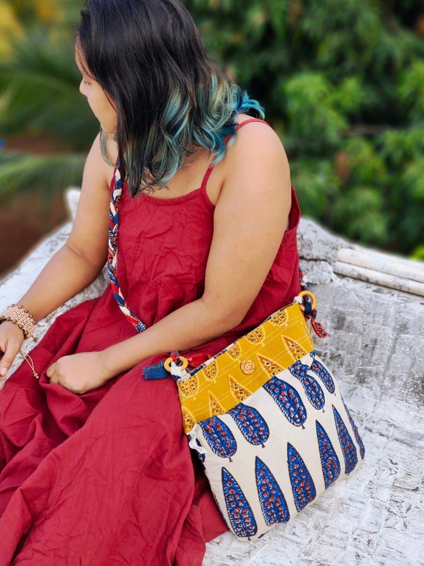 Blue & Off-white Hand Block Printed Braided Ethnic Sling Bags