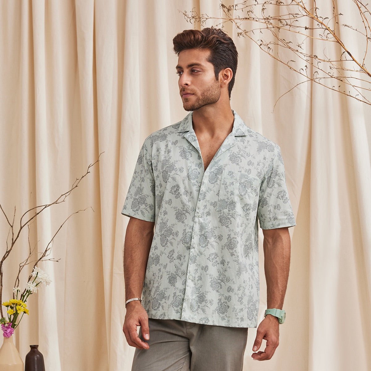 Cedar Organic Cotton Printed Half Sleeve Shirt- Pistachio