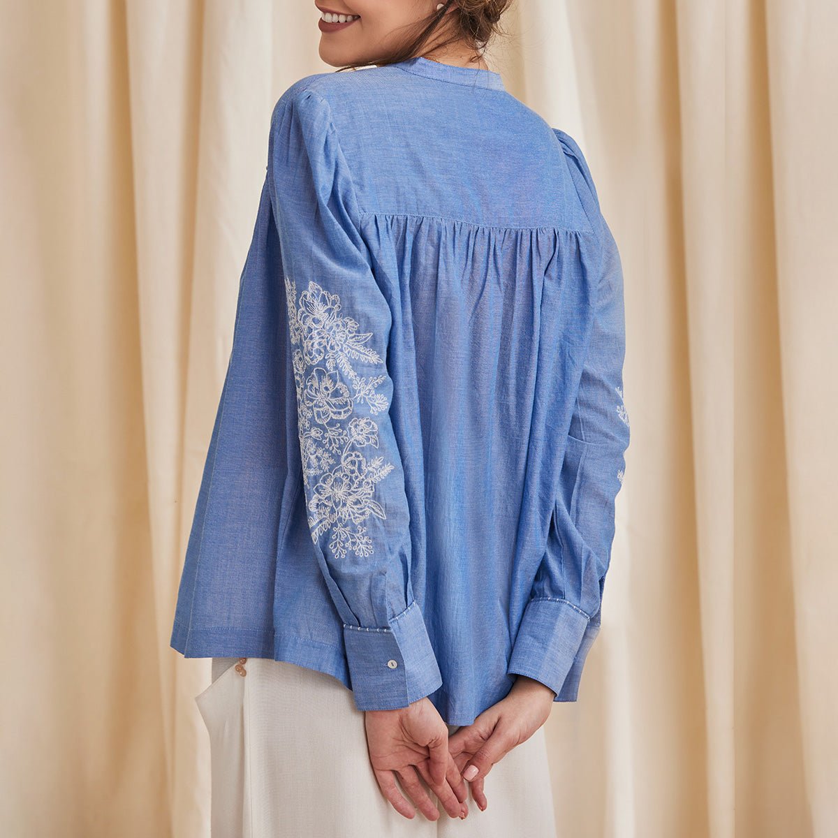 Celine - Organic Cotton Blouse with Embroidery - Blue