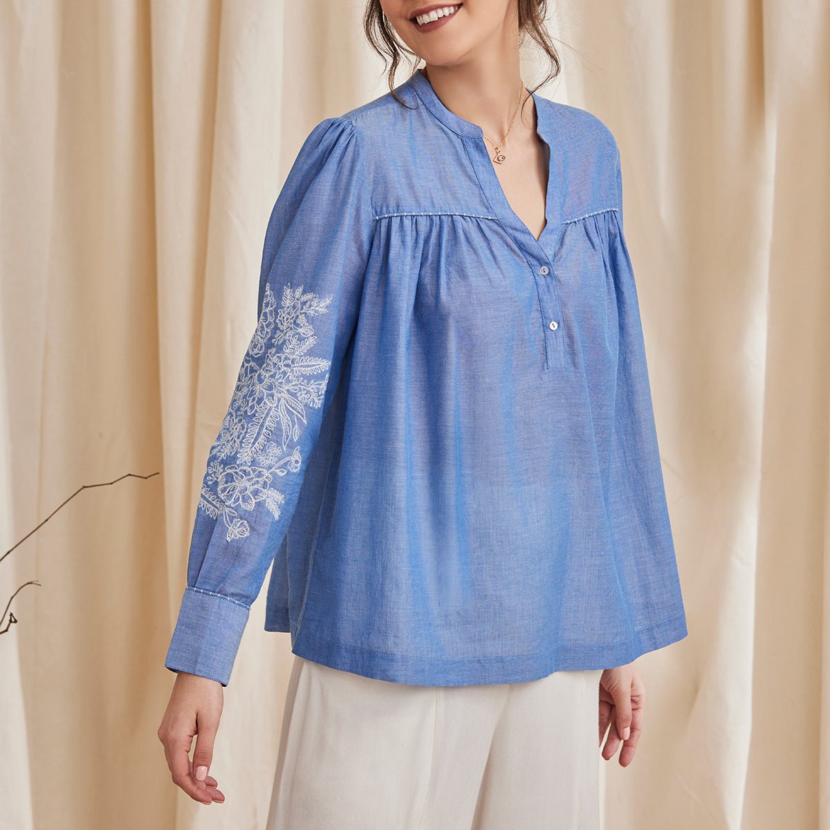 Celine - Organic Cotton Blouse with Embroidery - Blue