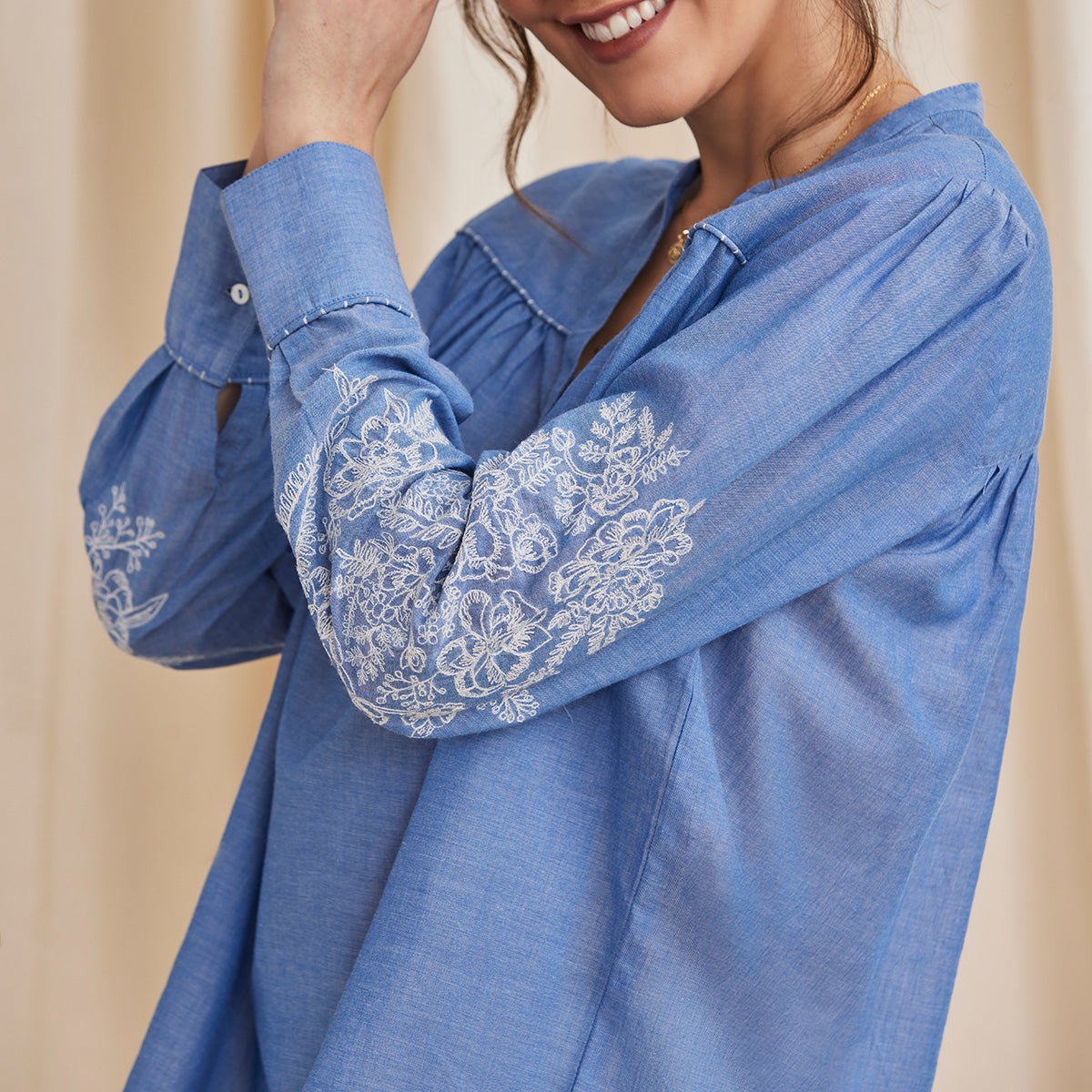 Celine - Organic Cotton Blouse with Embroidery - Blue