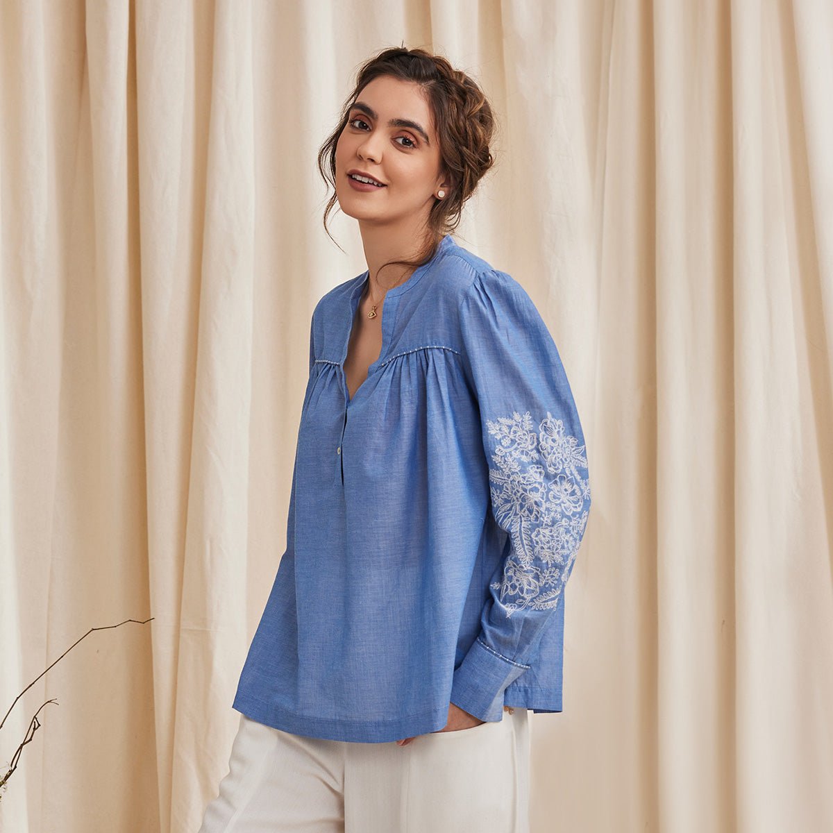 Celine - Organic Cotton Blouse with Embroidery - Blue