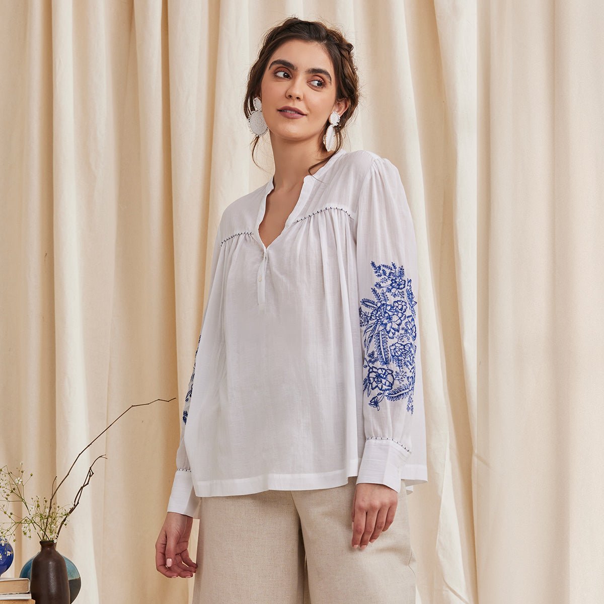 Celine - Organic Cotton Blouse with Embroidery - White