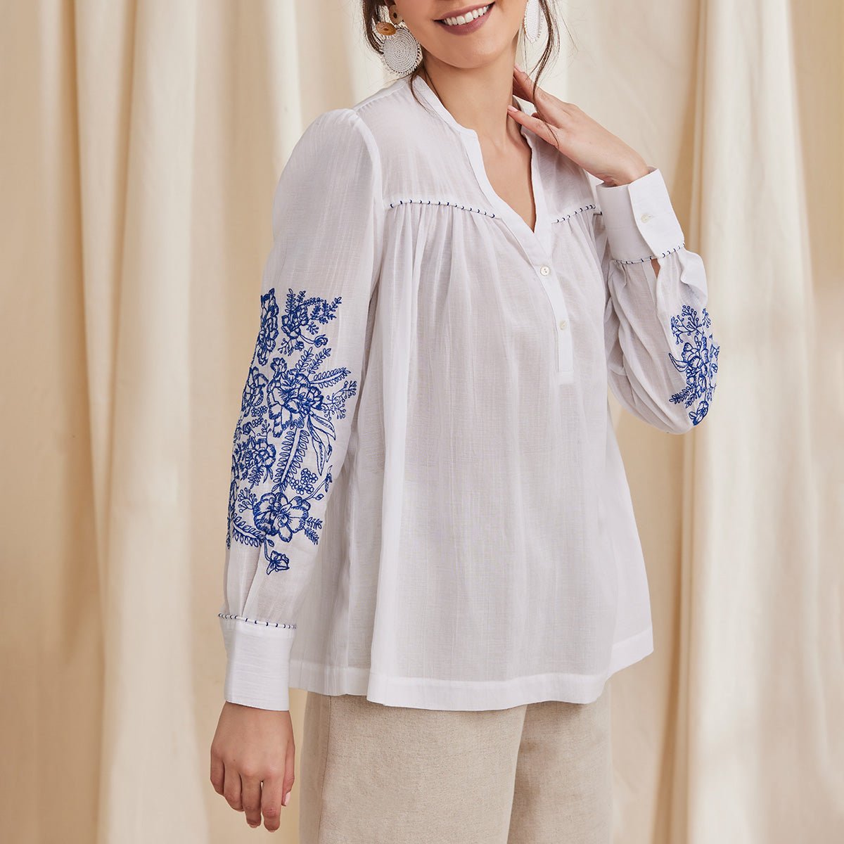 Celine - Organic Cotton Blouse with Embroidery - White