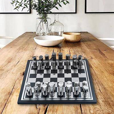 Chess Board game Black and Silver Finish 13.5x13.5" - Cylindrical