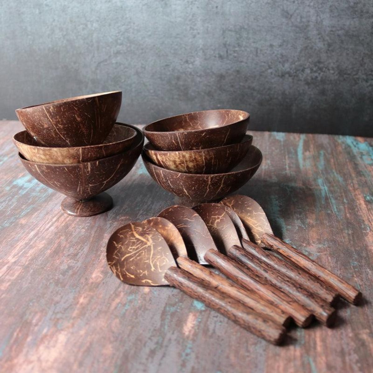 Coconut Shell Bowls with Spoon Set Without Tray