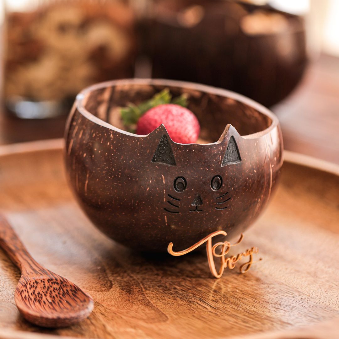 Coconut Shell Kids Serving Bowl | Animal Design - CAT 350ml (Set of 1)