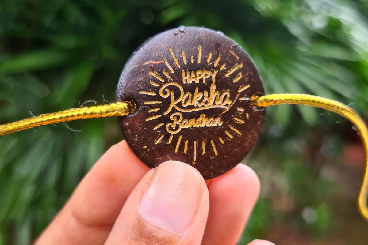 Coconut Shell Rakhi, Jute Potli & Raksha Bandhan Card