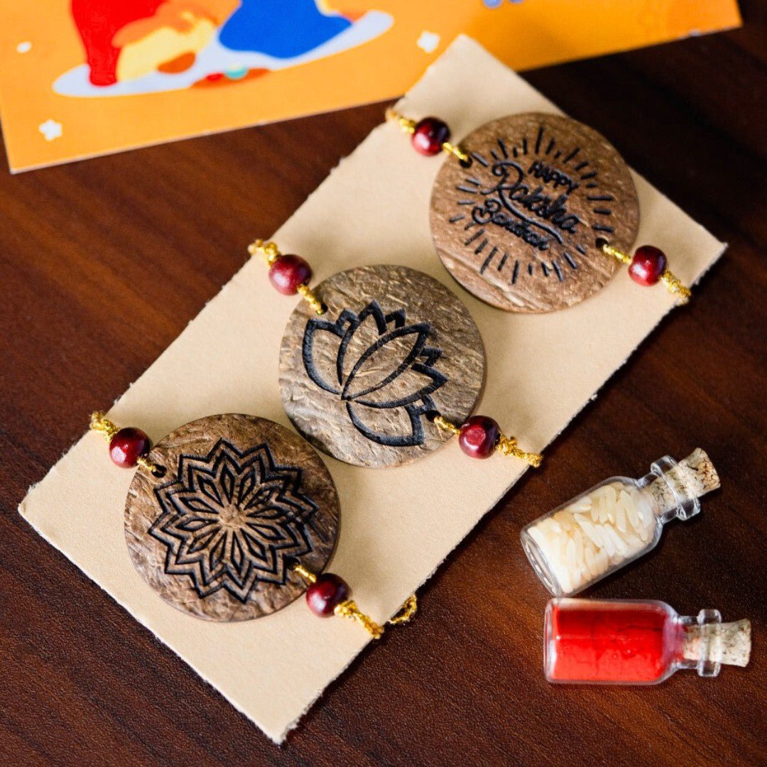 Coconut Shell Rakhi Sets - Rough (Package includes 3 Rakhis, Kumkum, Rice Grains & Raksha Bandhan Card) - Set of 3