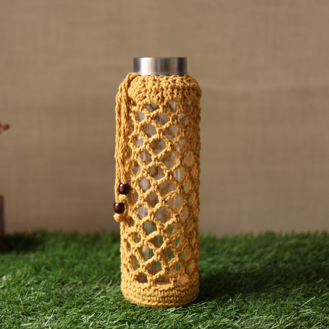 Crochet Web Yellow Handmade Bottle Cover