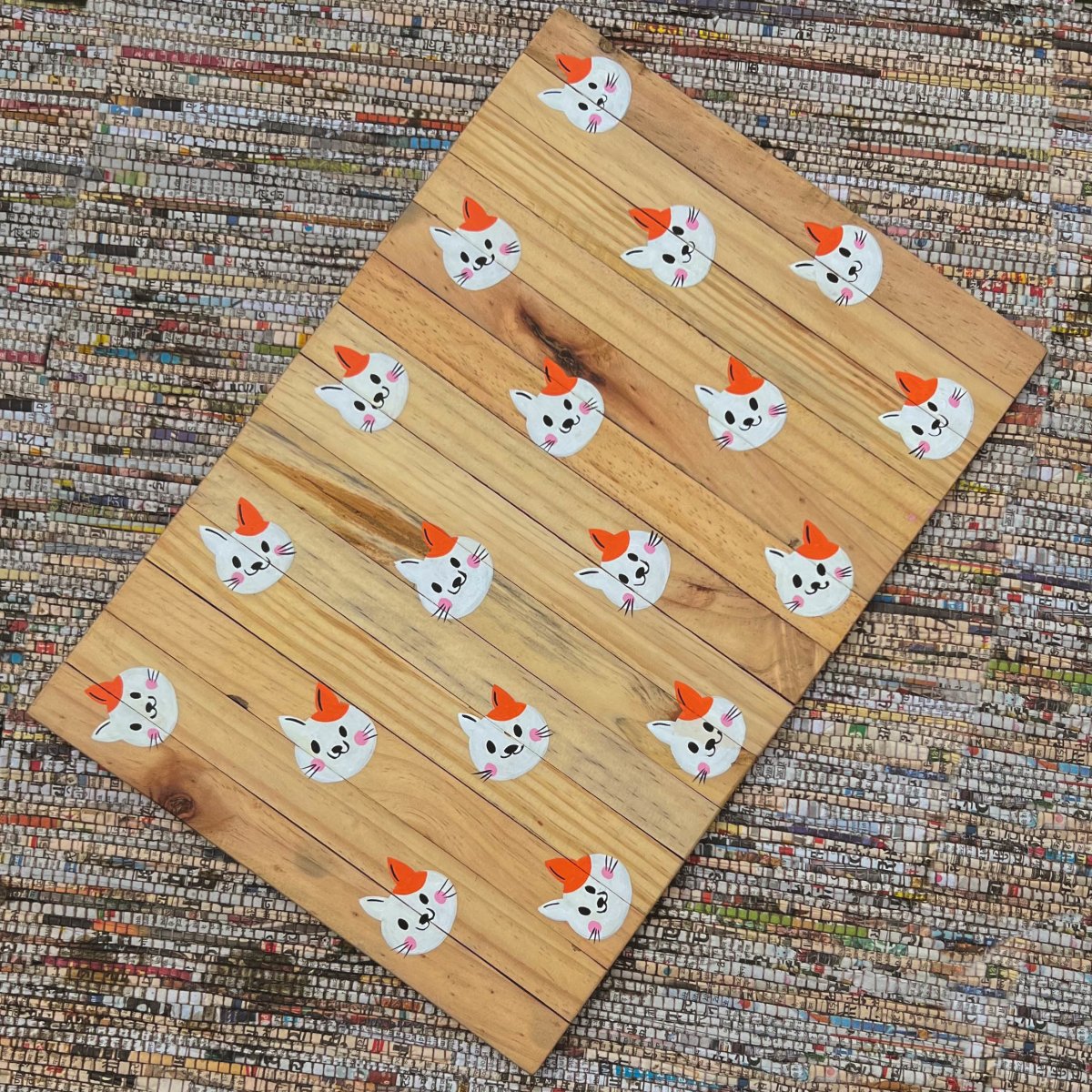 Cute Catty Place Mat | Multipurpose | Natural Reclaimed Wood | Foldable | Stain-Proof