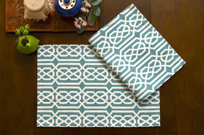 Designer Table Mats / Placements Made With Thick Cotton Fabric - 12x18 inch - Sea Green Pattern