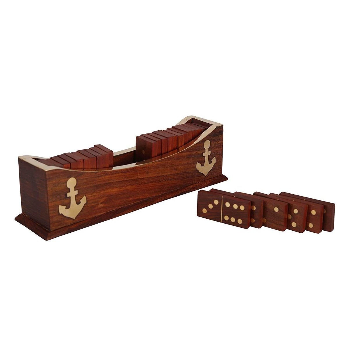 Wooden Domino Game Set | Open Boat Tray and Pieces-8.5 Inch