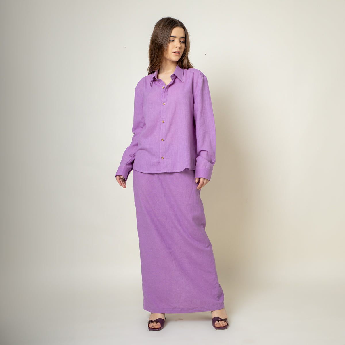 Cotton Co Ord Set | Shirt & Long Skirt | Solid | Purple